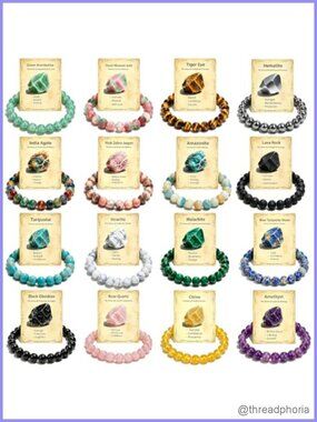 16 Pcs Natural Stone Beaded Healing Crystal Bracelets Set (8mm, Stretch)